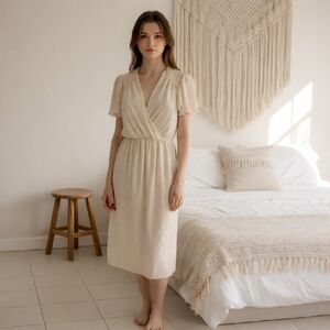 Vintage 70s Beige Wrap Dress Lillie Rubin Sheer Quilted Size 8